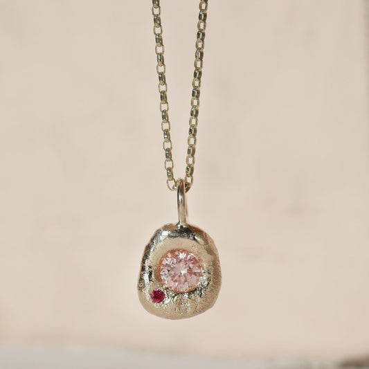 Molten Pendant  - 9ct Gold - 4mm Pink Diamond and Red Spinel