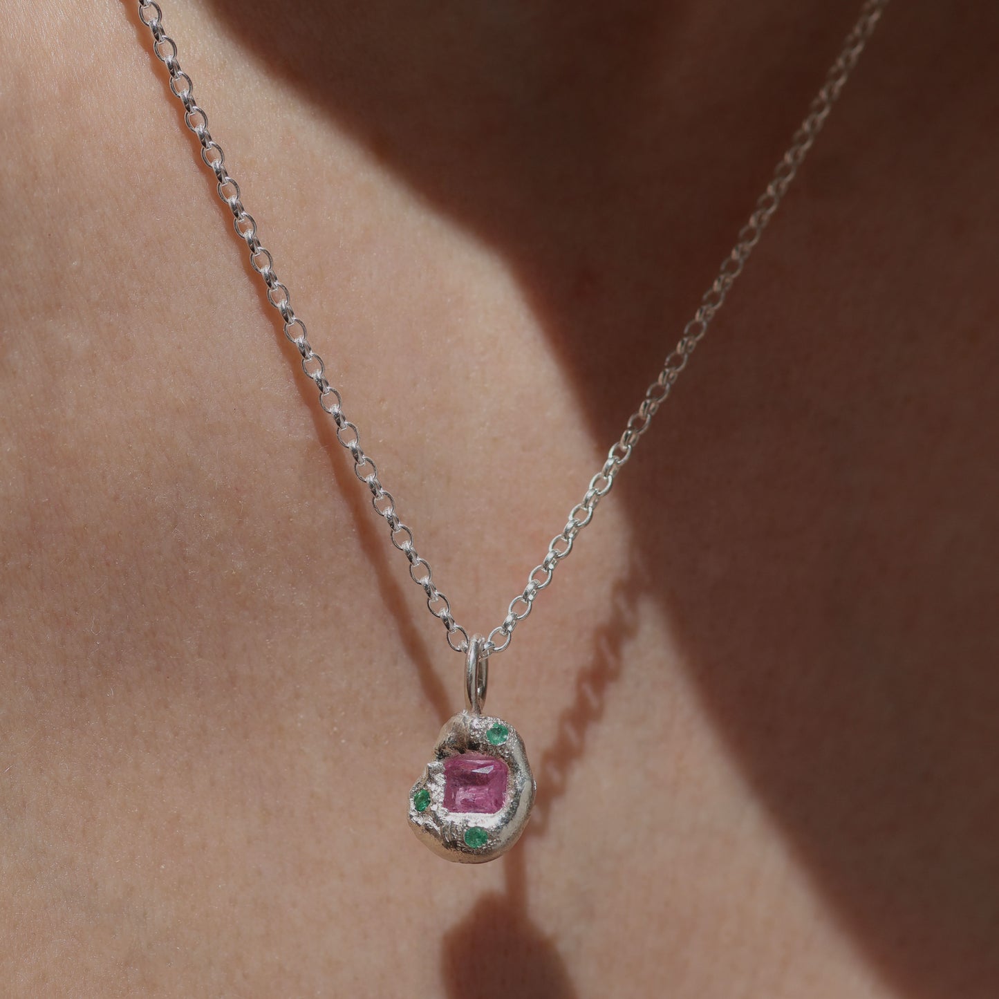 Molten Pendant  - Silver - Pink Sapphire and Emeralds