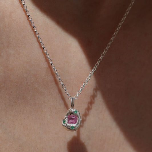 Molten Pendant  - Silver - Pink Sapphire and Emeralds