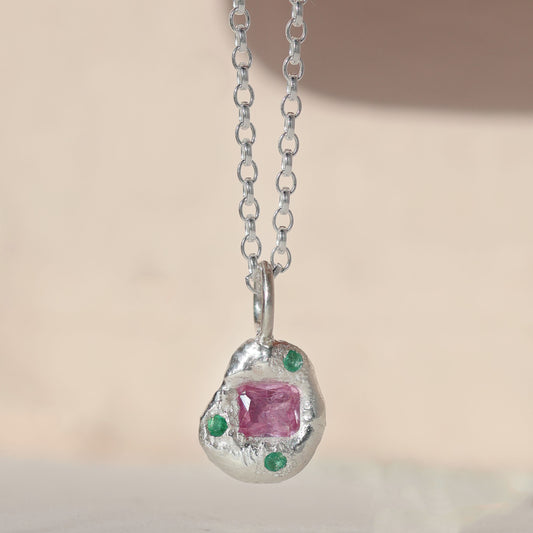 Molten Pendant  - Silver - Pink Sapphire and Emeralds