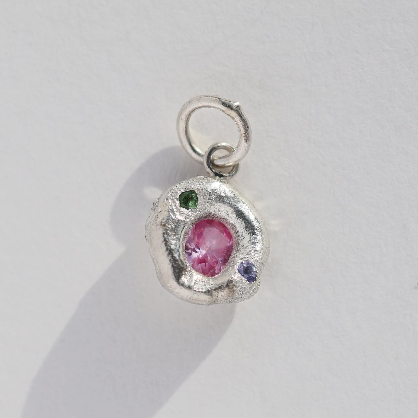 Molten Pendant  - Silver - Pink Sapphire with Tanzanite and Tsavorite Garnet - No Chain