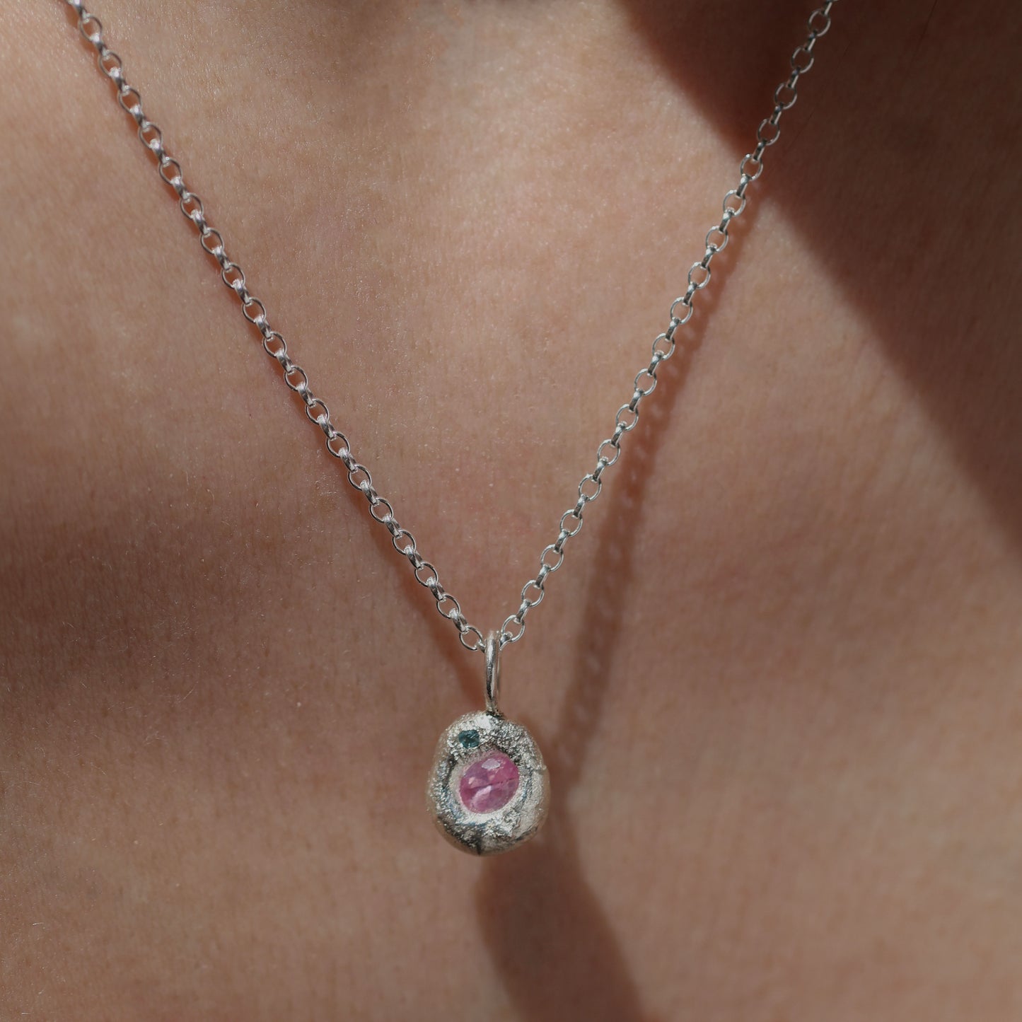 Molten Pendant  - Silver - Pink Sapphire with Blue Topaz