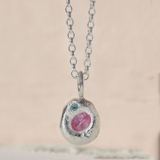 Molten Pendant  - Silver - Pink Sapphire with Blue Topaz