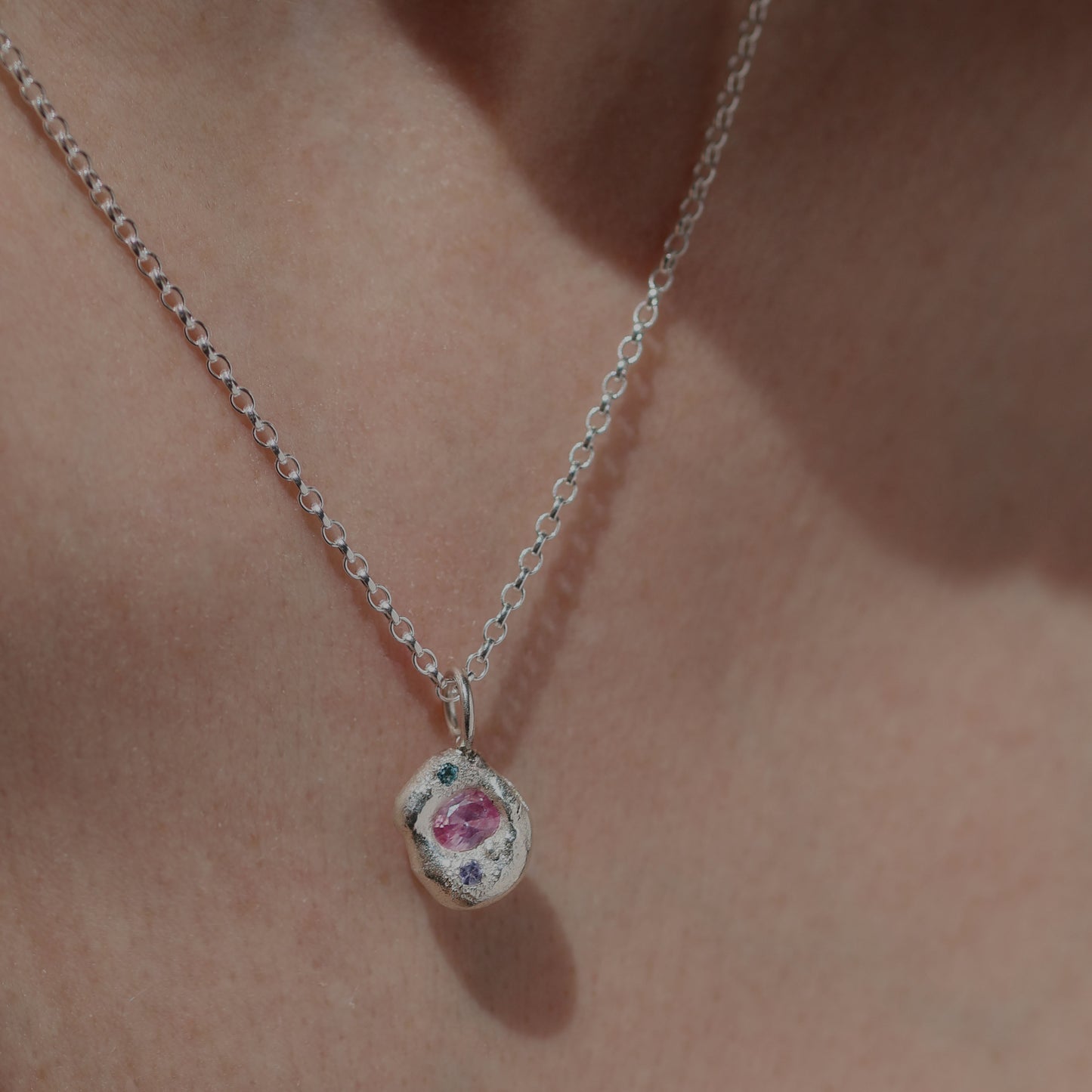 Molten Pendant  - Silver - Pink Sapphire with Blue Topaz and Tanzanite