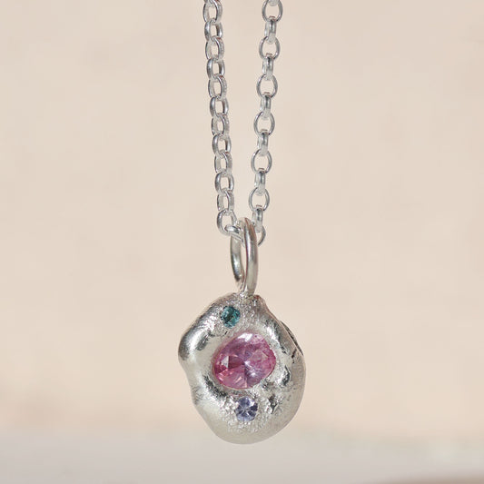 Molten Pendant  - Silver - Pink Sapphire with Blue Topaz and Tanzanite