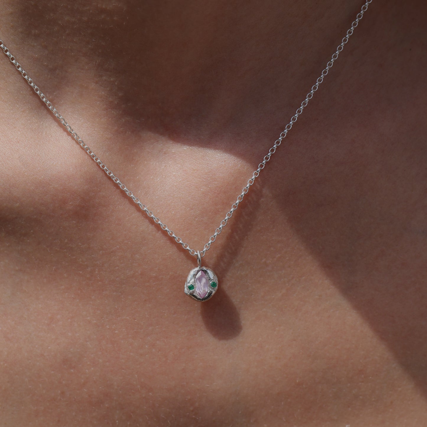 Molten Pendant  - Silver - Marquise Pink Sapphire with Emeralds