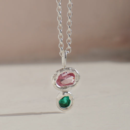 Molten Pendant  - Silver - Pink Sapphire and Emerald