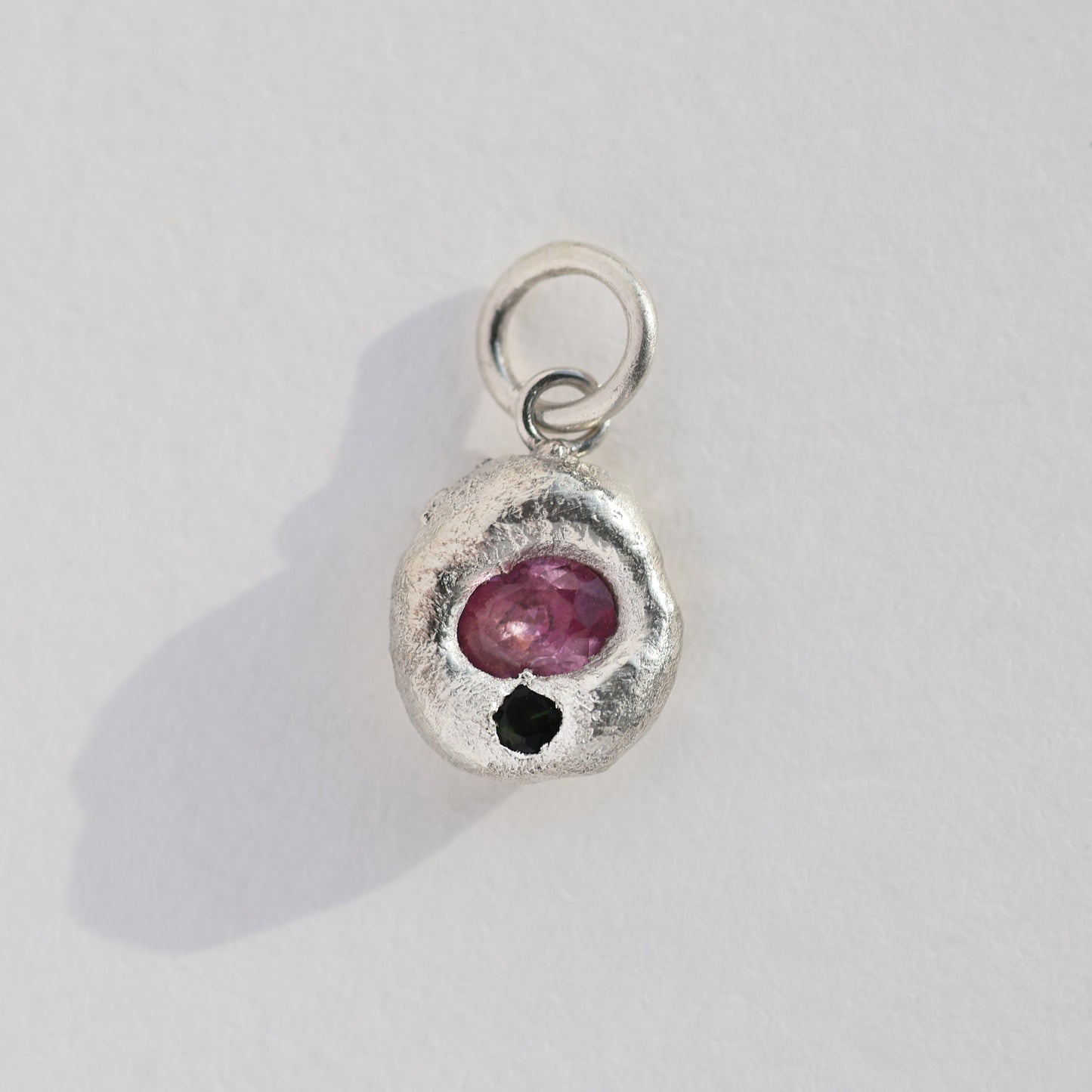 Molten Pendant  - Silver - Pink Sapphire with Dark Green Tourmaline - No Chain