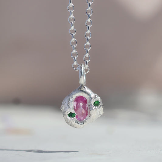 Molten Pendant  - Silver - Pink Sapphire with Tsavorite Garnets