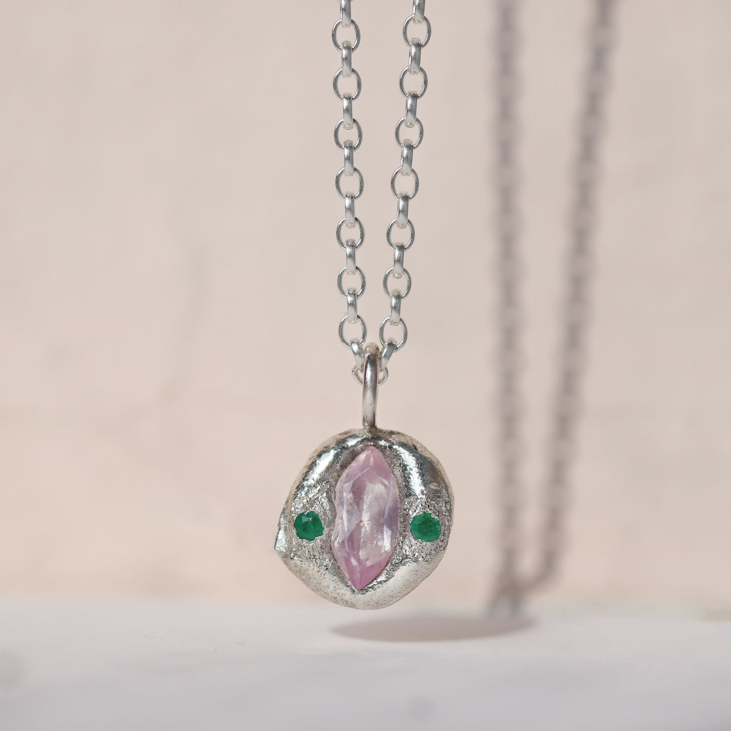 Molten Pendant  - Silver - Marquise Pink Sapphire with Emeralds