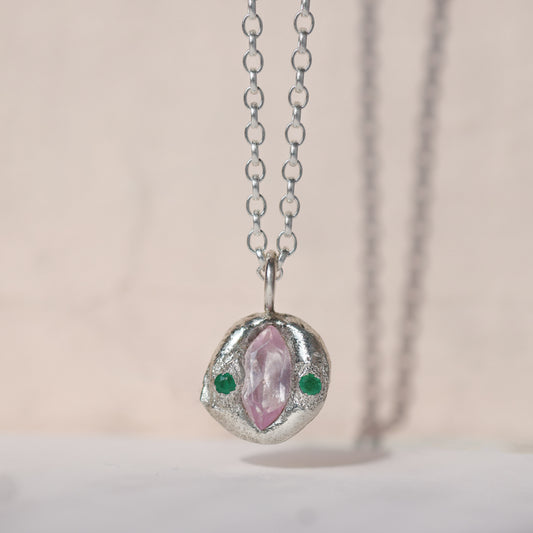 Molten Pendant  - Silver - Marquise Pink Sapphire with Emeralds