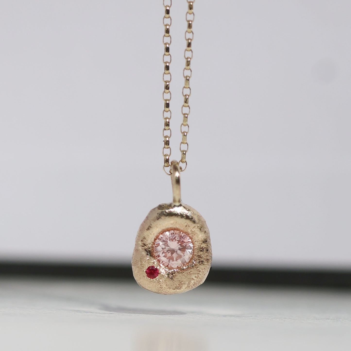 Molten Pendant  - 9ct Gold - 4mm Pink Diamond and Red Spinel