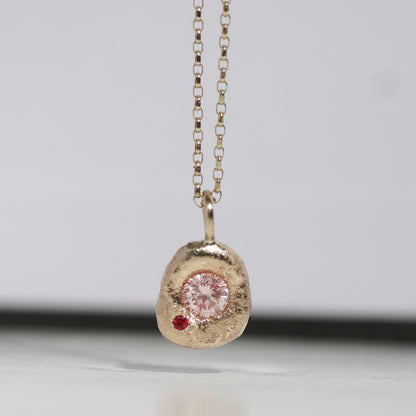 Molten Pendant  - 9ct Gold - 4mm Pink Diamond and Red Spinel