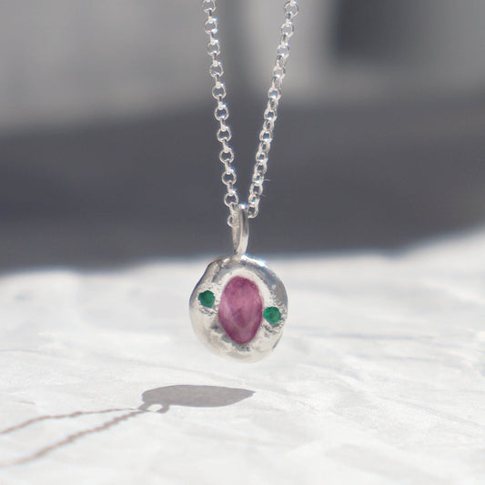 Molten Pendant  - Silver - Oval Pink Sapphire and Emeralds