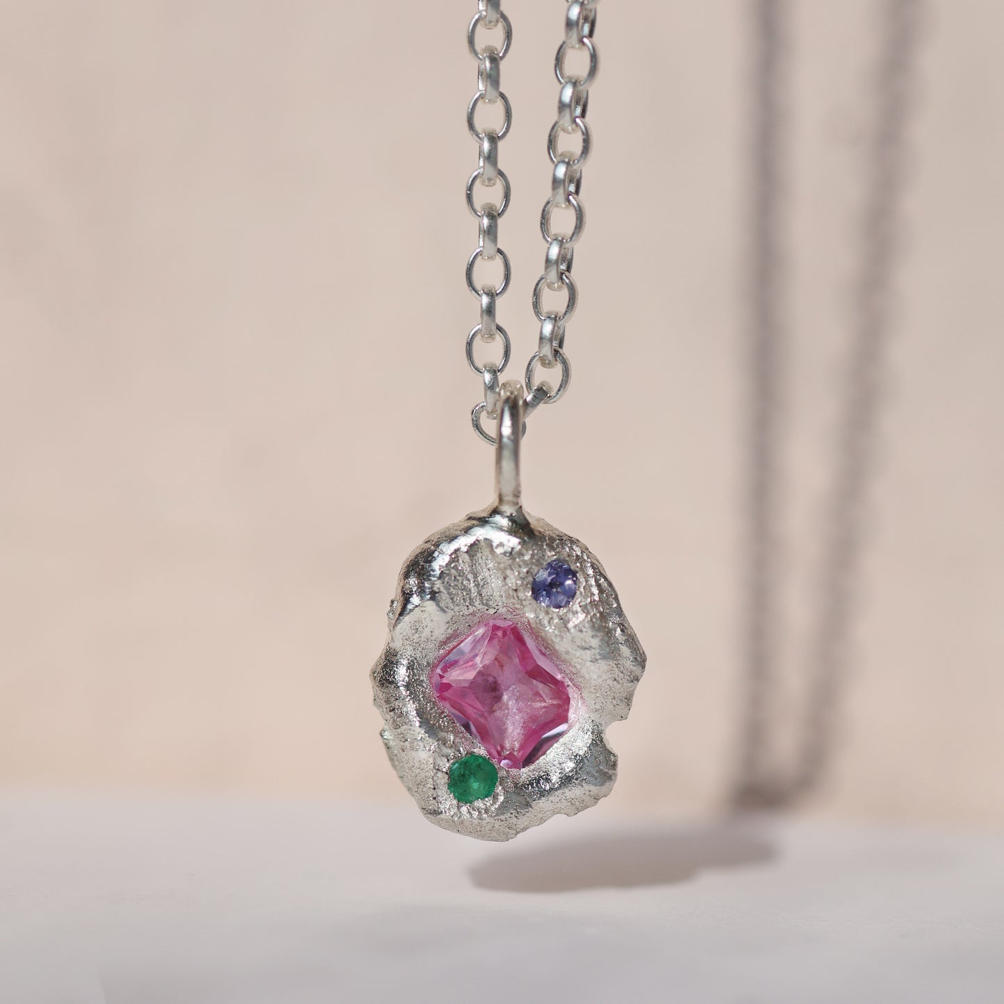 Molten Pendant  - Silver - Octagon Pink Sapphire with Tanzanite and Emerald