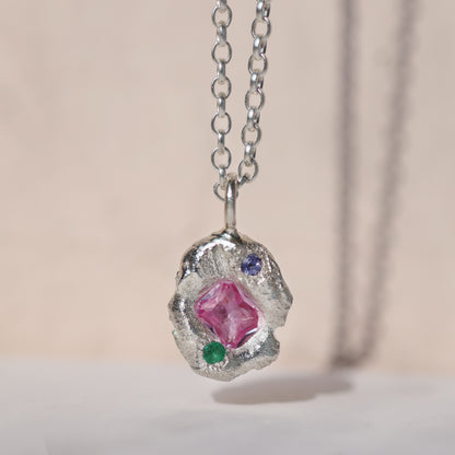 Molten Pendant  - Silver - Octagon Pink Sapphire with Tanzanite and Emerald