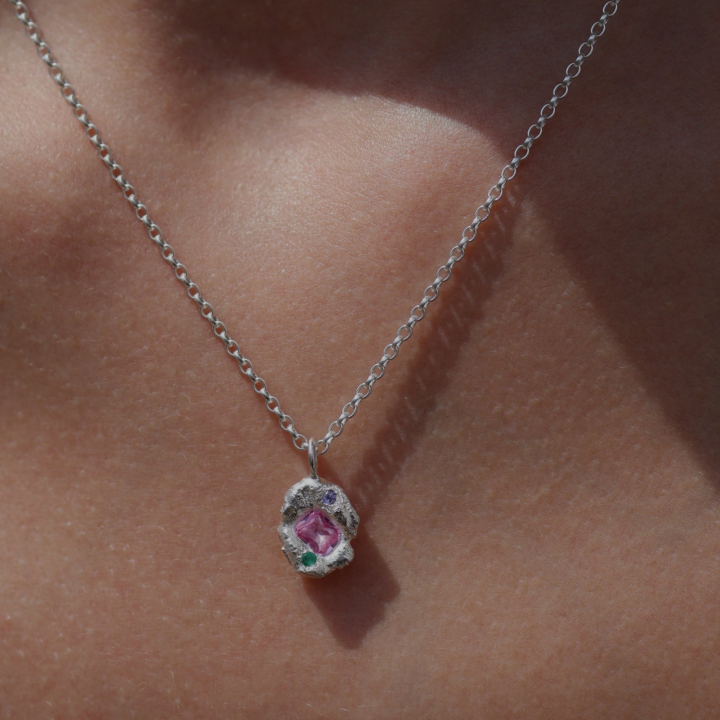 Molten Pendant  - Silver - Octagon Pink Sapphire with Tanzanite and Emerald