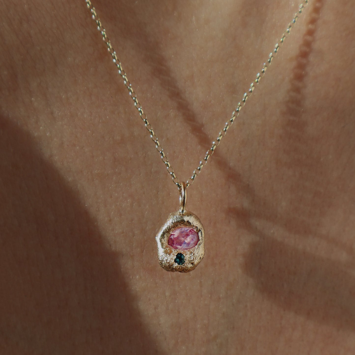 Molten Pendant  - 9ct Gold - Oval Pink Sapphire with Topaz