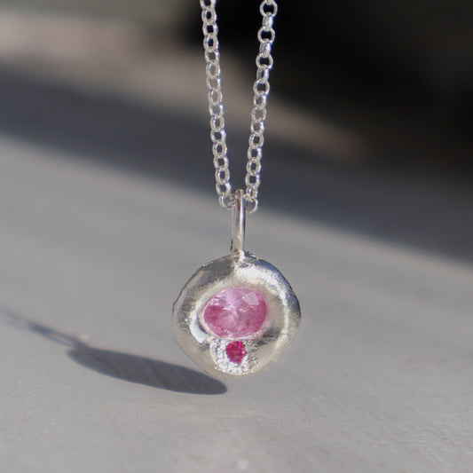 Molten Pendant  - Silver - Oval Pink Sapphire with Ruby
