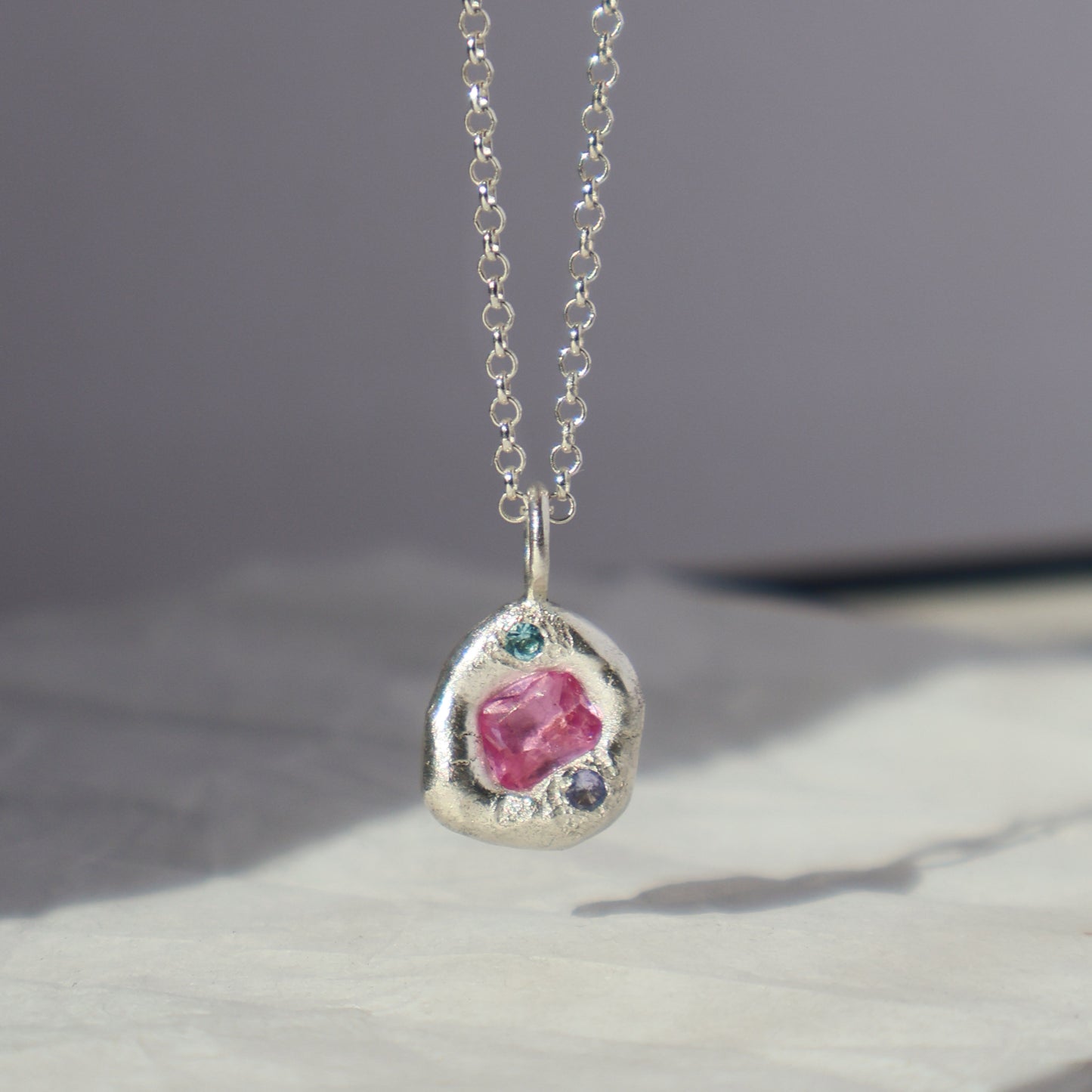 Molten Pendant  - Silver - Octagon Pink Sapphire with Tanzanite and Topaz