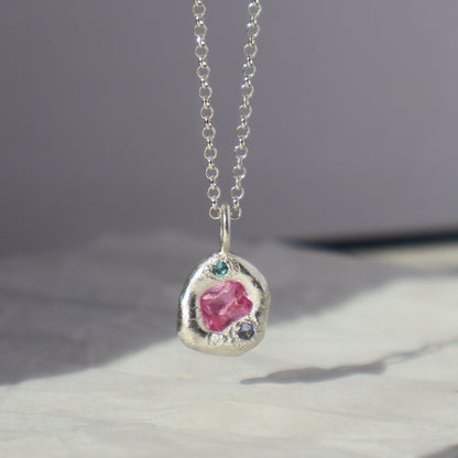 Molten Pendant  - Silver - Octagon Pink Sapphire with Tanzanite and Topaz