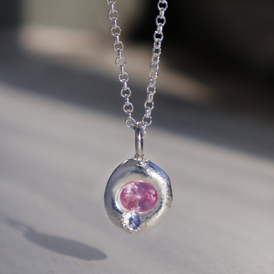 Molten Pendant  - Silver - Oval Pink Sapphire with Tanzanite