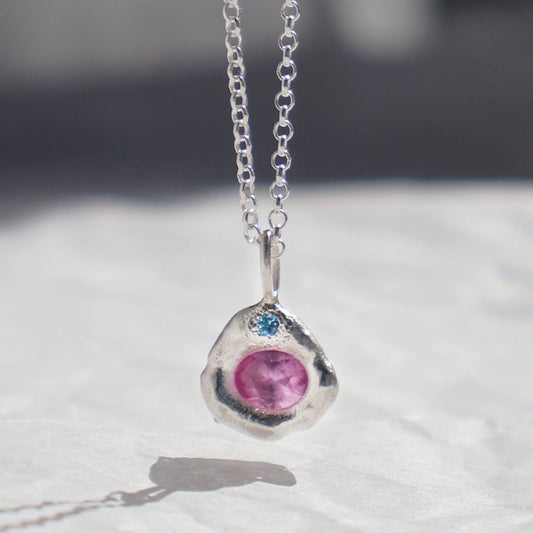 Molten Pendant  - Silver - Oval Pink Sapphire and Topaz