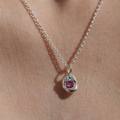 Molten Pendant  - Silver - Octagon Pink Sapphire with Blue Topaz