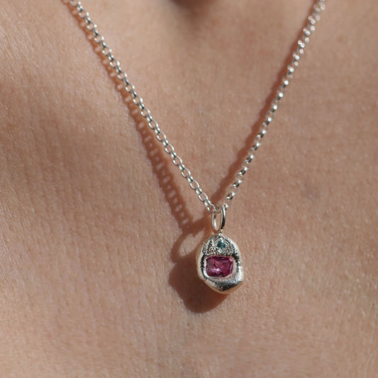 Molten Pendant  - Silver - Octagon Pink Sapphire with Blue Topaz