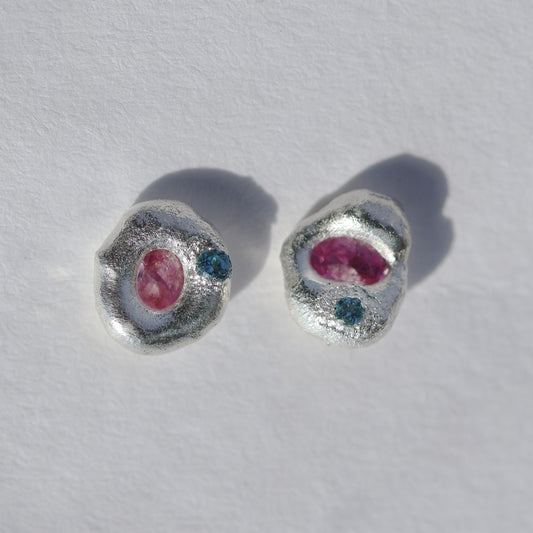 Molten Earrings  - Silver - Pink Sapphire and Blue Topaz