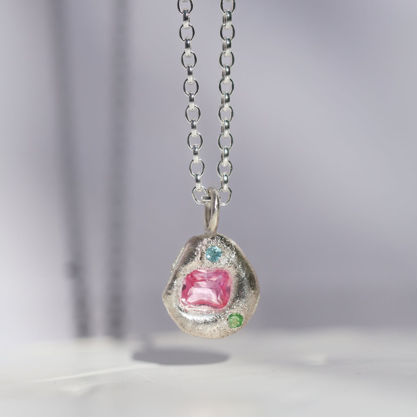 Molten Pendant  - Silver - Octagon Pink Sapphire with Topaz and Tsavorite Garnet