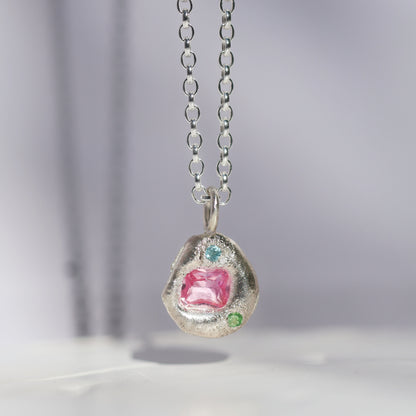 Molten Pendant  - Silver - Octagon Pink Sapphire with Topaz and Tsavorite Garnet