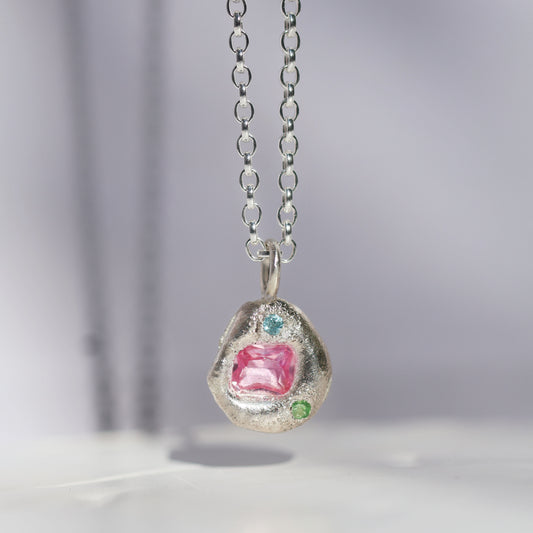 Molten Pendant  - Silver - Octagon Pink Sapphire with Topaz and Tsavorite Garnet