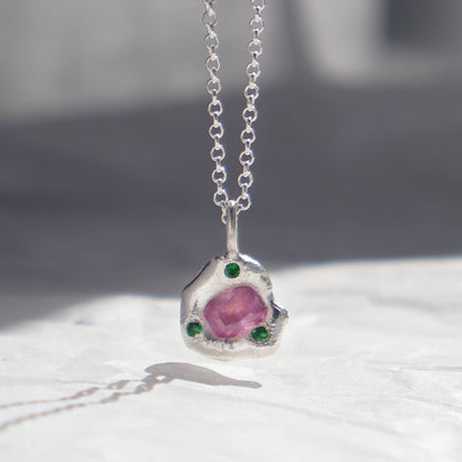 Molten Pendant  - Silver - Octagon Pink Sapphire with Tsavorite Garnets