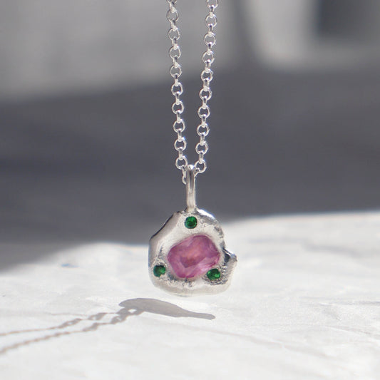 Molten Pendant  - Silver - Octagon Pink Sapphire with Tsavorite Garnets