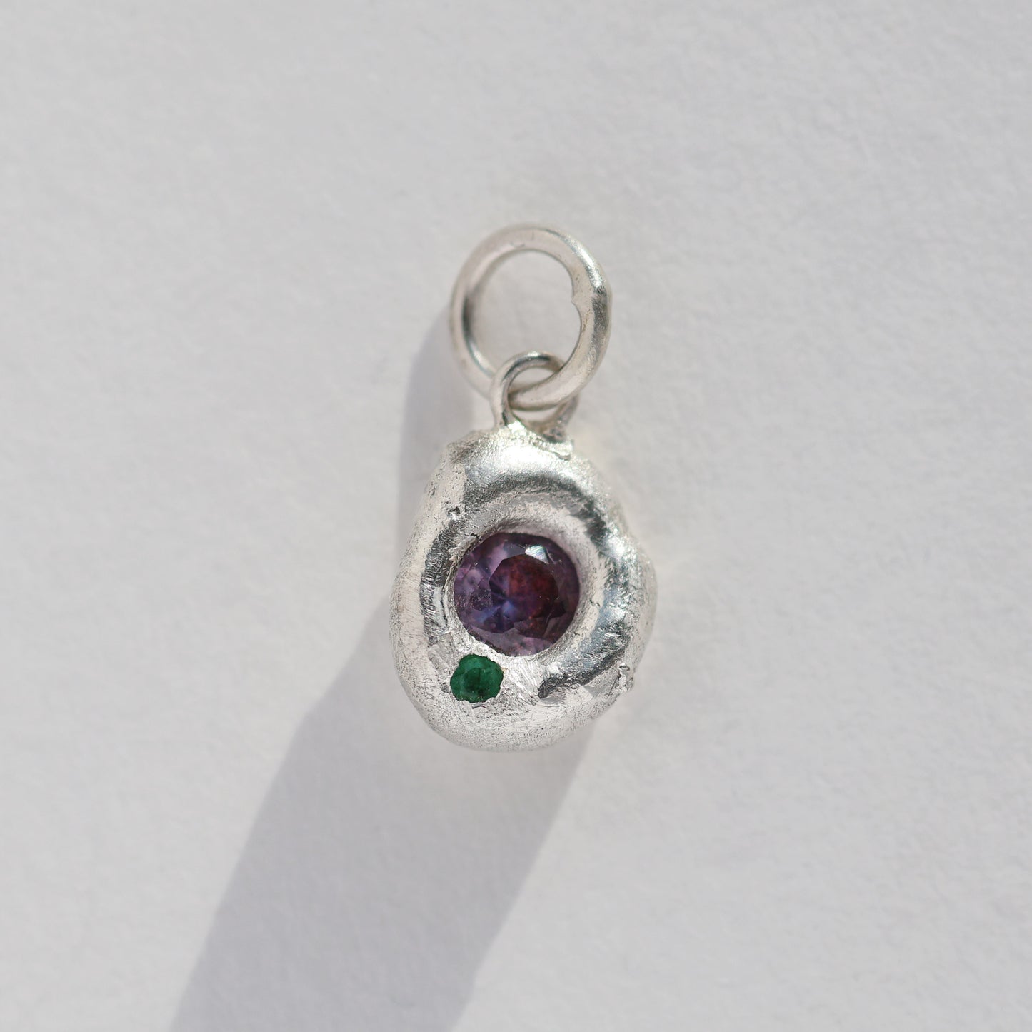 Molten Pendant  - Silver - Purple Sapphire with Emerald - No Chain
