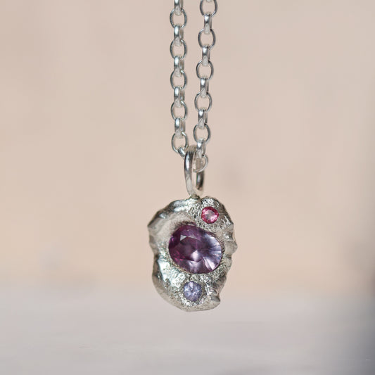 Molten Pendant  - Silver - Purple Sapphire with Tourmaline and Tanzanite