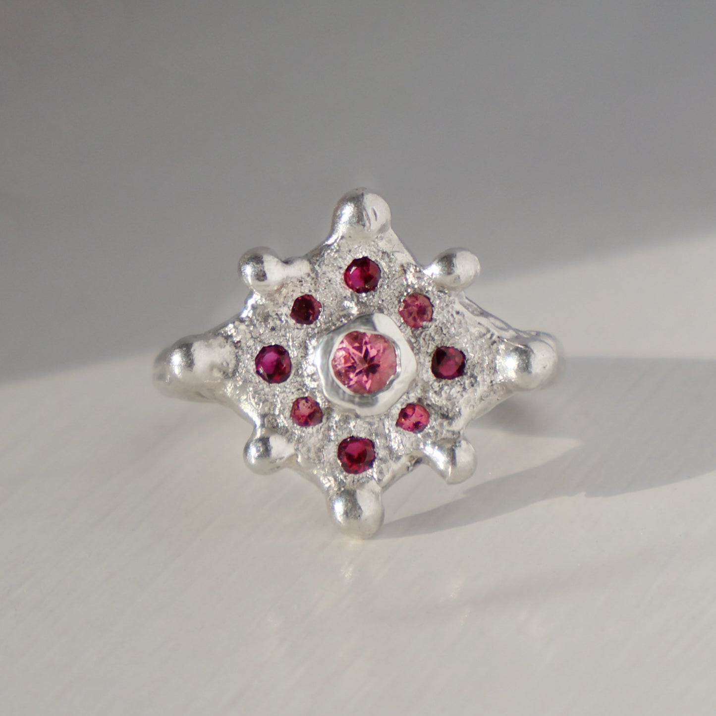 Solstice Ring  - Silver - Pink Tourmaline and Ruby - Size L - M (US size 6 - 6 1/2)
