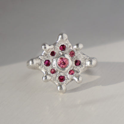 Solstice Ring  - Silver - Pink Tourmaline and Ruby - Size L - M (US size 6 - 6 1/2)