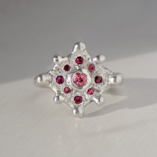 Solstice Ring  - Silver - Pink Tourmaline and Ruby - Size L - M (US size 6 - 6 1/2)