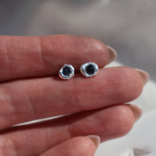 Little Molten Studs - Silver - Dark Blue Sapphire