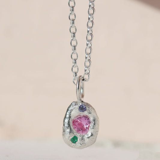 Molten Pendant  - Silver - Pink Heart Sapphire with Tanzanite and Emerald