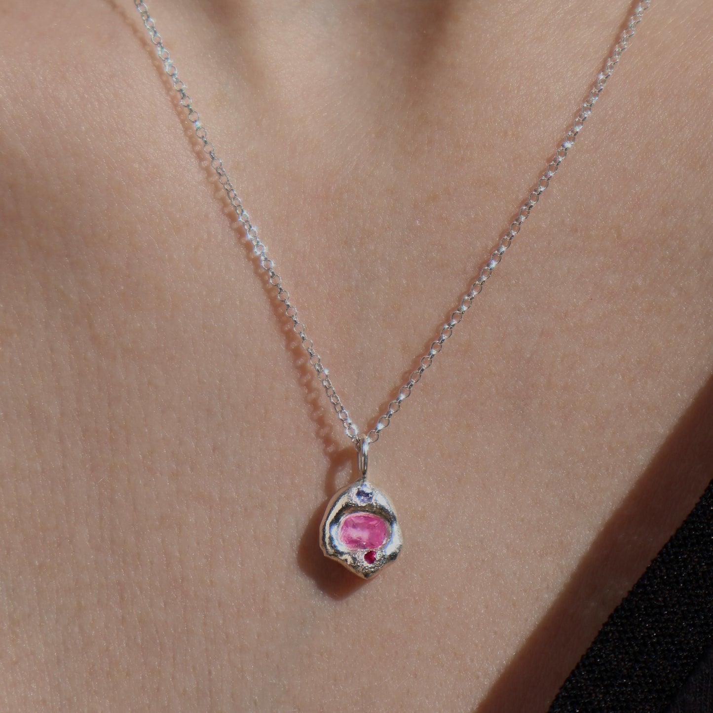 Molten Pendant  - Silver - Octagon Pink Sapphire with Tanzanite and Ruby