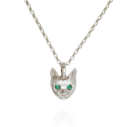 Cat Face Necklace - Silver - Emerald