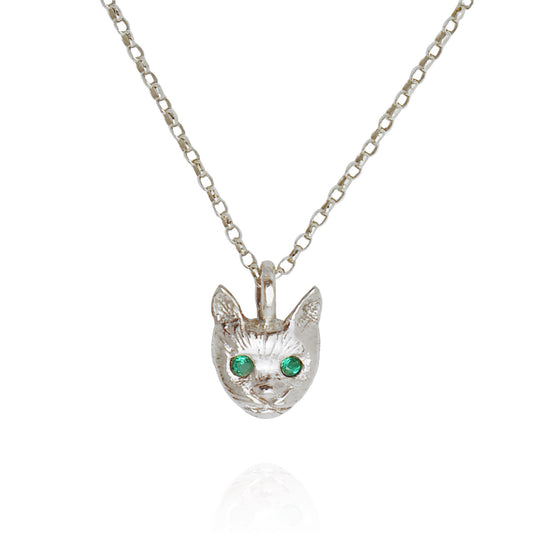 Cat Face Necklace - Silver - Emerald