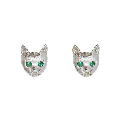 Cat Face Earrings - Silver - Emerald