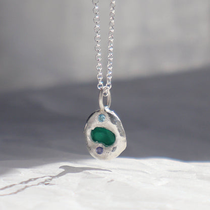 Molten Pendant  - Silver - Oval Emerald with Topaz and Tanzanite