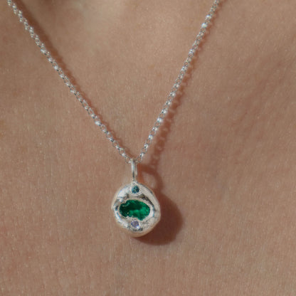 Molten Pendant  - Silver - Oval Emerald with Topaz and Tanzanite