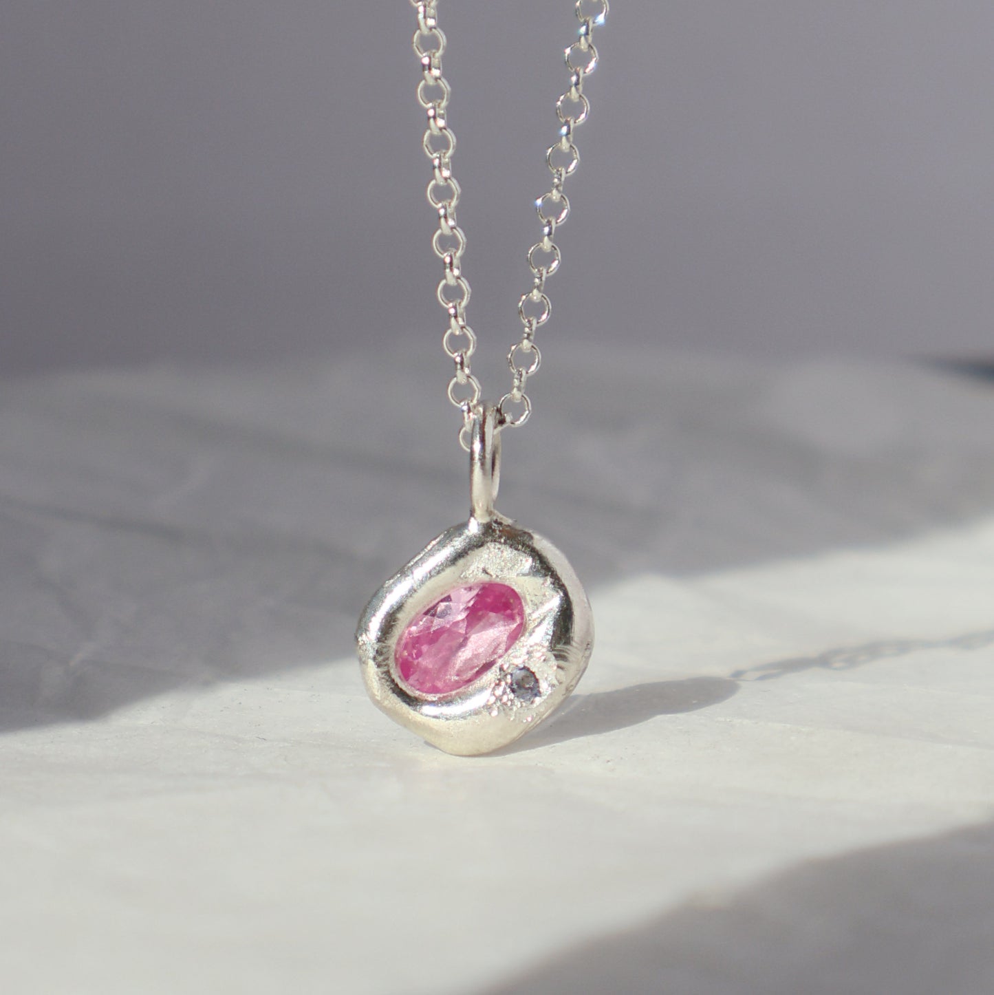 Molten Pendant  - Silver - Oval Pink Sapphire with Tanzanite