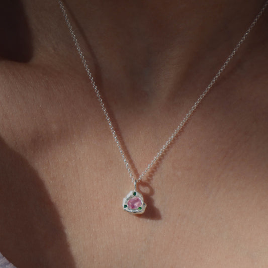 Molten Pendant  - Silver - Octagon Pink Sapphire with Tsavorite Garnets
